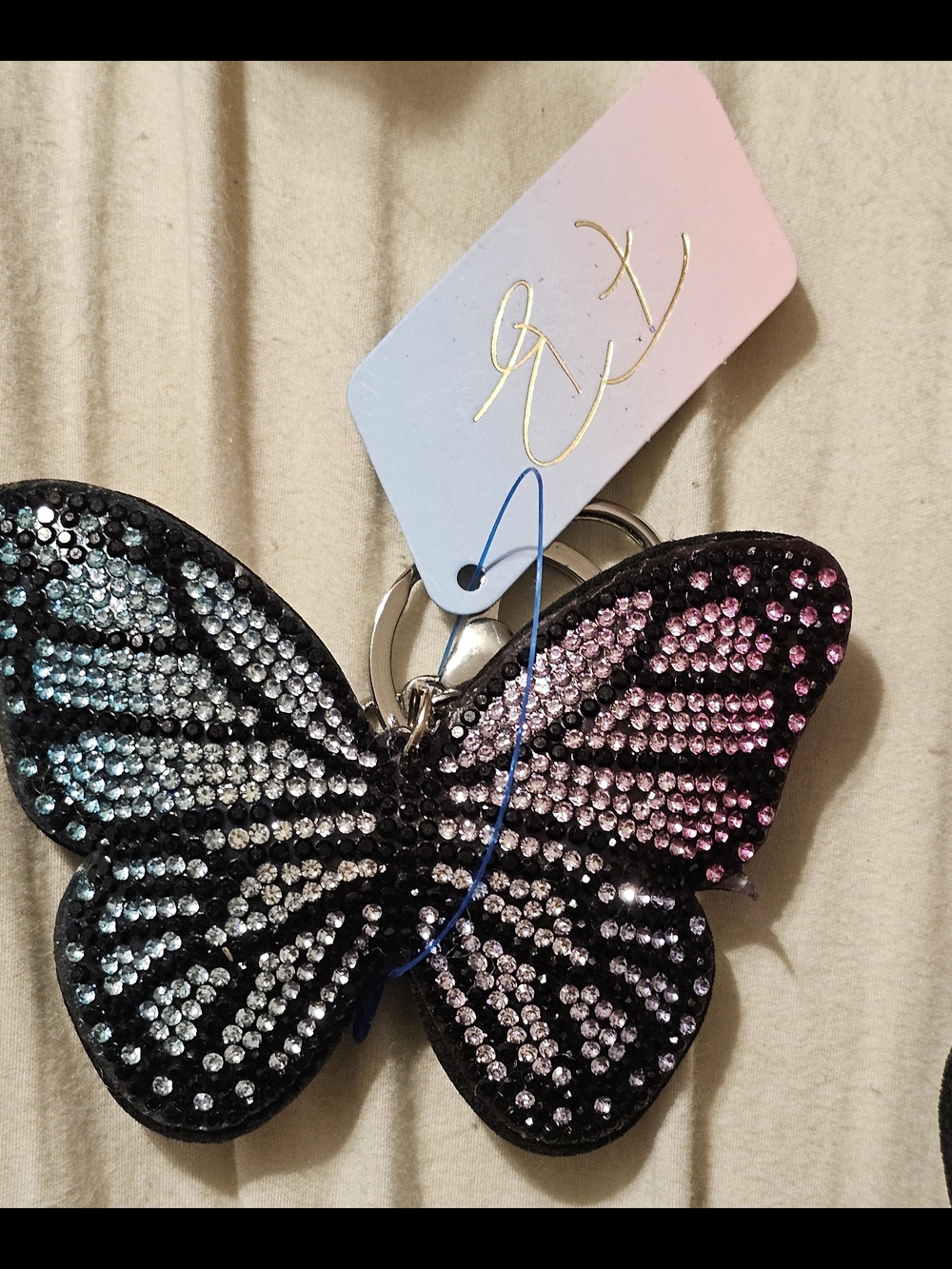 Butterfly Crystal Keychain - Black with Pink & Blue Rhinestones